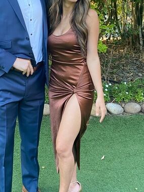 JLuxLabel Aldis Satin Slit Midi Brown Dress